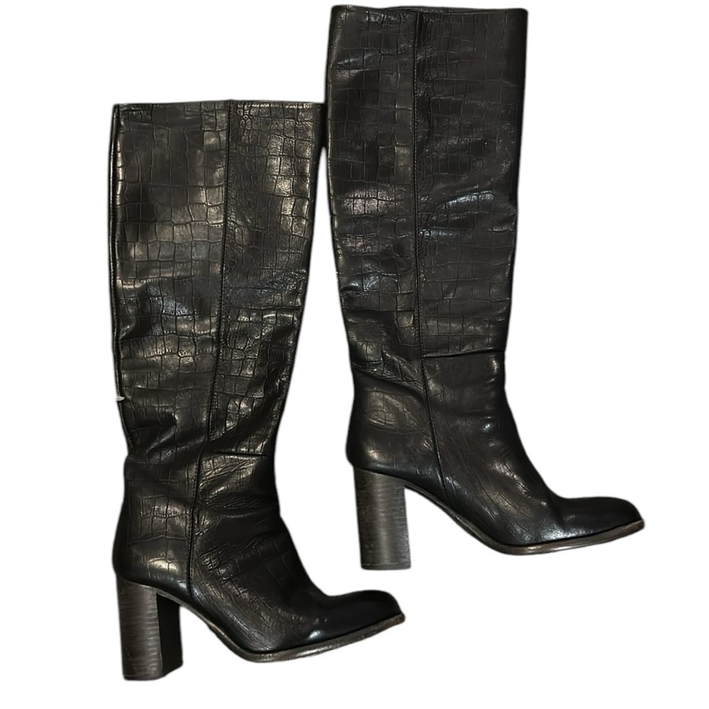 Free People Grayson Black Crocodile Embossed Leather Tall Boot 36 1/2